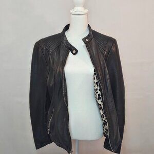Black Rivet Genuine Leather Motercycle Jacket With Leopard Lining